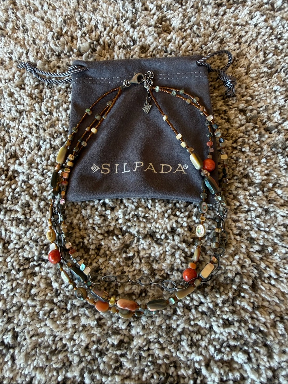 Silpada Multi-Strand Necklace with Brown, Green and Red Beads
